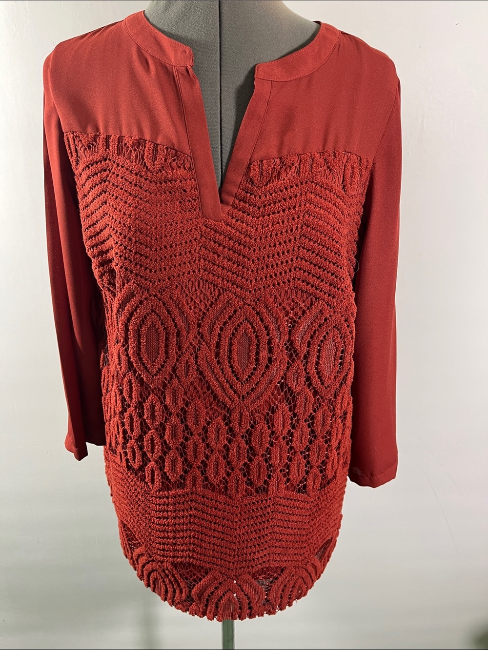 Women's Rust Crochet Front Long Sleeve Top Long Sleeves